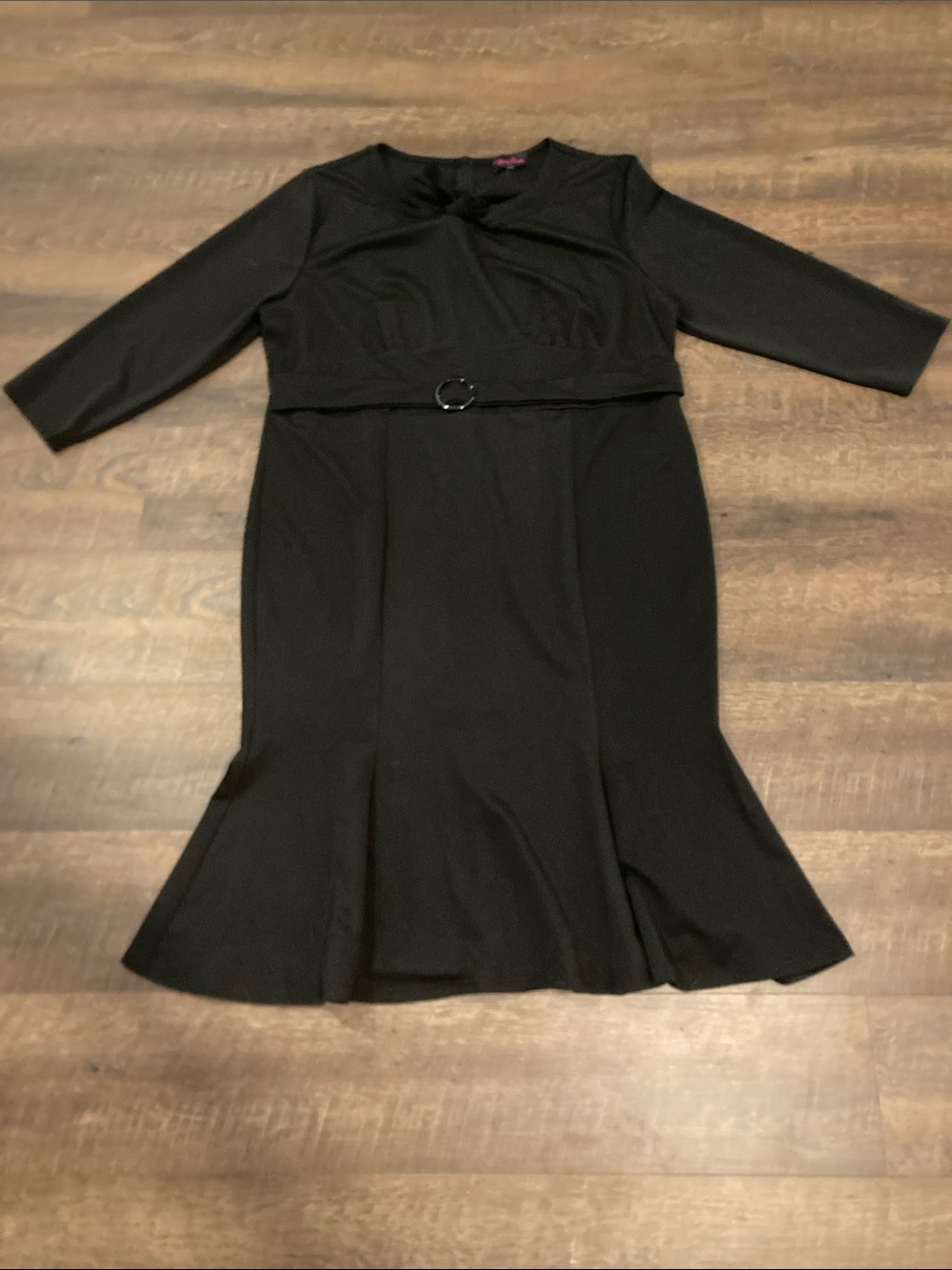 Black Women's Belted Midi Dress with Flared Hem